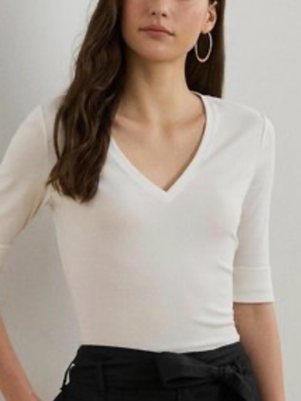 Piazza Italia White V-Neck 3/4 Sleeve ribbed jersey Tee